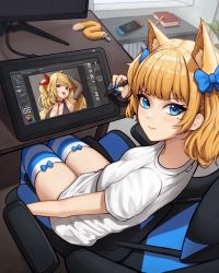 Rule 34 | 1girl, absurdres, anal tail, animal ears, blonde hair, blue bow, blue eyes, blue nails, blue thighhighs, blunt bangs, bow, bow legwear, butt plug, cat ears, cat tail, chair, clip studio paint, drawing tablet, fake tail, fox ears, gaming chair, hair bow, highres, holding, holding stylus, long hair, looking at viewer, looking back, matmaj, mole, mole under eye, nail polish, nintendo switch, original, red eyes, sex toy, shirt, short sleeves, sitting, solo, striped clothes, striped thighhighs, stylus, swivel chair, t-shirt, tablet pc, tail, thighhighs, twintails, two-tone legwear, white shirt, white thighhighs