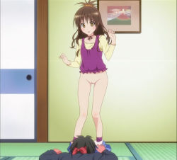 1boy 1girl anime_screenshot blush bottomless brown_hair cleft_of_venus legs long_hair no_panties nude_filter pussy standing thighs third-party_edit to_love-ru uncensored yuuki_mikan zenra