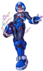 Rule 34 | 1boy, absurdres, alternate design, arm cannon, armor, blue armor, blue footwear, blue helmet, commission, copy x (mega man), forehead jewel, full body, helmet, highres, male focus, mega man (series), mega man zero (series), pillar buster, red eyes, simple background, solo, weapon, white background, x buster