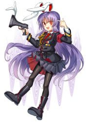 Rule 34 | 1girl, alternate costume, animal ears, bad id, bad twitter id, black pantyhose, blouse, crescent, crescent pin, glowing, highres, light purple hair, long hair, long sleeves, lunatic gun, manarou, military, military uniform, necktie, open mouth, pantyhose, pleated skirt, purple hair, rabbit ears, red eyes, red necktie, reisen udongein inaba, shirt, shoes, simple background, skirt, solo, touhou, tunic, uniform, very long hair, white shirt