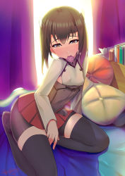 Rule 34 | 10s, 1girl, 2012, bed, bike shorts, blush, book, brown eyes, brown hair, condom, condom in mouth, curtains, dated, def (chronowarld), covered erect nipples, flat chest, headband, headgear, kantai collection, kneeling, long sleeves, looking at viewer, mouth hold, on bed, pillow, pleated skirt, seiza, short hair, signature, sitting, skirt, solo, sunlight, taihou (kancolle), thighhighs, tissue box, window, zettai ryouiki