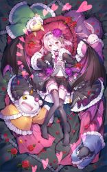 Rule 34 | 1girl, black shirt, black skirt, black thighhighs, black wings, blouse, commentary request, demon tail, demon wings, english text, flower, frilled pillow, frilled skirt, frilled sleeves, frills, from above, grey hairband, hair flower, hair ornament, hairband, heart, highres, ibara riato, long sleeves, looking at viewer, lying, medium hair, miniskirt, navel, on back, original, parted lips, petals, pillow, pink eyes, pink hair, pleated skirt, purple flower, shirt, skirt, solo, stuffed animal, stuffed toy, tail, thighhighs, wings