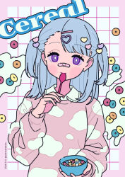 Rule 34 | 1girl, asymmetrical bangs, bandaid, bandaid on face, bandaid on nose, blue hair, border, bowl, cereal, collared shirt, commentary, english text, hair ornament, hairclip, heart, heart hair ornament, highres, holding, holding bowl, holding spoon, long hair, long sleeves, looking at viewer, milk, neki (wakiko), original, pink border, pink shirt, puffy long sleeves, puffy sleeves, purple eyes, shirt, solo, spoon, two side up, upper body, utensil in mouth, white background, white shirt
