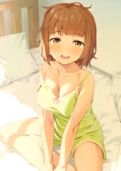 Rule 34 | 1girl, :d, bad id, bad pixiv id, bare shoulders, blouse, blush, bob cut, breasts, brown hair, camisole, cleavage, collarbone, commentary, day, green shirt, half-closed eyes, highres, indian style, indoors, kinta (distortion), looking at viewer, medium breasts, on bed, open mouth, original, pajamas, pillow, shade, shirt, short hair, sitting, smile, solo, strap slip, tareme, teeth, upper teeth only, yellow eyes