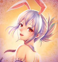 Rule 34 | 1girl, animal ears, battle bunny riven, rabbit ears, chan qi (fireworkhouse), fake animal ears, folded ponytail, league of legends, looking at viewer, looking back, pink lips, portrait, red eyes, riven (league of legends), short hair, smile, solo, white hair