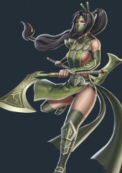 Rule 34 | 1girl, akali, armor, axe, bare shoulders, black hair, blue background, breasts, detached sleeves, dual wielding, green theme, high ponytail, highres, holding, league of legends, long hair, low-tied long hair, mask, pauldrons, penator, ponytail, reverse grip, shoulder armor, side slit, sideboob, simple background, single pauldron, solo, thighhighs, vambraces, very long hair, weapon