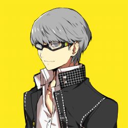 Rule 34 | 1boy, glasses, grey hair, houndstooth, male focus, mami (apsaras), narukami yuu, persona, persona 4, short hair, simple background, solo, upper body, yellow background