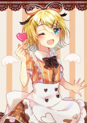 Rule 34 | 1girl, ;d, alternate costume, apron, aryuma772, blonde hair, blue eyes, blush, enmaided, frilled skirt, frills, hair ornament, hair ribbon, hairclip, highres, kagamine rin, maid, one eye closed, open mouth, orange ribbon, orange shirt, ribbon, shirt, short hair, short sleeves, skirt, smile, solo, striped background, striped clothes, striped shirt, vertical-striped clothes, vertical-striped shirt, vocaloid, waist apron, white apron