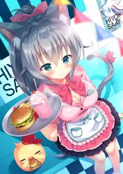 Rule 34 | 1girl, :3, absurdres, animal, animal ears, apron, arm support, baseball cap, bird, blue eyes, blurry, blurry foreground, blush, bow, breasts, burger, cat ears, cat girl, cat tail, cherry, chick, cleavage, closed mouth, commentary request, depth of field, dress shirt, drinking straw, dutch angle, food, french fries, frilled apron, frills, fruit, green eyes, hair between eyes, hair bow, hand up, hat, heterochromia, highres, holding, holding tray, huge filesize, large breasts, long hair, looking at viewer, nanohana kohina, original, pennant, pink bow, pink shirt, pink skirt, pleated skirt, ponytail, red bow, red hat, shirt, short sleeves, sidelocks, silver hair, sitting, skirt, smile, solo, standing, string of flags, tail, tail bow, tail ornament, tail raised, tray, uniform, very long hair, waist apron, waitress, white apron