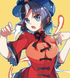 Rule 34 | 1girl, black hair, black neckwear, black ribbon, black skirt, blue eyes, blue hat, breasts, cabbie hat, chinese clothes, commentary request, hat, hat ornament, jiangshi, lace-trimmed sleeves, lace trim, large breasts, looking at viewer, meimei (meimei89008309), miyako yoshika, ofuda, open mouth, purple hat, red shirt, ribbon, shirt, short hair, short sleeves, skirt, solo, star (symbol), star hat ornament, tangzhuang, touhou, upper body, yellow background