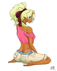 Rule 34 | 1girl, :p, ass, barefoot, belt, blonde hair, blue eyes, bra strap, butt crack, choker, crop top, dark-skinned female, dark skin, earrings, from behind, full body, gensouenma, hair ribbon, high ponytail, highleg, highleg panties, highres, jewelry, kneeling, kuramitsu mihoshi, lace, lace-trimmed panties, lace trim, looking at viewer, looking back, panties, pants, pants rolled up, pink shirt, pointy ears, ponytail, ribbon, shirt, simple background, sitting, solo, strap slip, tank top, tenchi muyou!, thong, tongue, tongue out, underwear, whale tail (clothing), white background