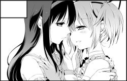 Rule 34 | 10s, 2girls, akemi homura, arm garter, black hair, blush, border, eye contact, face-to-face, grabbing another&#039;s chin, greyscale, hair ribbon, hairband, hand on another&#039;s chin, imminent kiss, kaname madoka, long hair, looking at another, mahou shoujo madoka magica, mahou shoujo madoka magica (anime), monochrome, multiple girls, parted lips, playing with another&#039;s hair, ribbon, short hair, short twintails, simple background, smile, twintails, white background, yamada ako, yuri