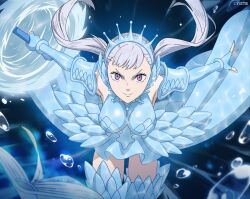 Rule 34 | 1girl, air bubble, armor, black clover, black clover m: rise of the wizard king, blue armor, blue footwear, blue gloves, blue skirt, boots, breastplate, bubble, clenched hand, elbow gloves, fingerless gloves, gloves, grey hair, looking at viewer, noelle silva, official alternate costume, official art, pauldrons, purple eyes, shoulder armor, simple background, skirt, solo, thigh boots, tiara, twintails, underwater, white background