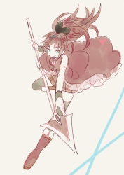 Rule 34 | 1girl, boots, fighting stance, fingernails, full body, grey background, hair ribbon, lance, long hair, looking away, magical girl, mahou shoujo madoka magica, mahou shoujo madoka magica (anime), pekikokko, polearm, red footwear, red hair, ribbon, sakura kyoko, simple background, skirt, sleeveless, smile, solo focus, soul gem, thighhighs, weapon