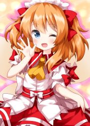 Rule 34 | 1girl, ascot, belt, blue eyes, bow, cowboy shot, fairy wings, hair between eyes, hair ribbon, highres, holding, holding clothes, holding skirt, light particles, looking at viewer, one eye closed, open mouth, orange hair, red belt, red bow, red ribbon, red skirt, ribbon, ruu (tksymkw), shirt, short sleeves, skirt, smile, solo, standing, sunny milk, touhou, two side up, white headdress, white shirt, wings, yellow ascot, yellow wings