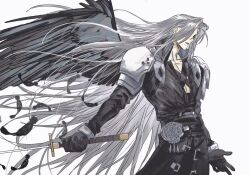 Rule 34 | 1boy, armor, belt, black coat, black feathers, black gloves, chest strap, coat, collarbone, commentary, falling feathers, feathered wings, feathers, final fantasy, final fantasy vii, final fantasy vii rebirth, final fantasy vii remake, floating hair, gloves, grey hair, holding, holding sword, holding weapon, long hair, long sleeves, male focus, masamune (ff7), moyanwxy, parted bangs, parted lips, sephiroth, shoulder armor, single wing, solo, sword, upper body, very long hair, weapon, wings