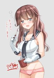 Rule 34 | 10s, 1girl, blue eyes, blush, breasts, brown hair, commentary request, cup, female focus, gloves, higeno shinshi, kantai collection, large breasts, long hair, messy hair, midriff, mug, necktie, noshiro (kancolle), open mouth, panties, pink panties, school uniform, serafuku, simple background, solo, swept bangs, toothbrush, translation request, underwear, white gloves
