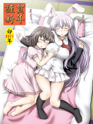 Rule 34 | 2girls, animal ears, aru ra une, barefoot, blazer, grabbing another&#039;s breast, breasts, brown hair, closed eyes, dress, dress shirt, female focus, futon, grabbing, highres, inaba tewi, jacket, large breasts, light purple hair, long hair, lying, miniskirt, multiple girls, necktie, on back, on bed, on side, open mouth, pillow, pleated skirt, purple hair, rabbit ears, rabbit girl, rabbit tail, red eyes, reisen udongein inaba, shiny clothes, shiny skin, shirt, skirt, sleeping, socks, tail, tatami, touhou, very long hair, zzz