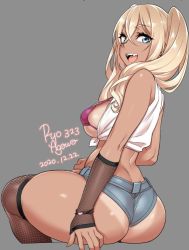 Rule 34 | 1girl, 2020, agawa ryou, artist name, ass, bikini, blonde hair, blue eyes, breasts, commentary, dated, grey background, gyaru, large breasts, looking at viewer, looking back, original, pink bikini, sideboob, signature, simple background, smile, solo, swimsuit, tan, tanline, thick thighs, thighs, twintails