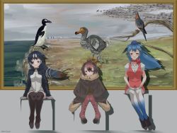 Rule 34 | 3girls, bare arms, black hair, blue hair, boots, bow, bow choker, bowtie, brown hair, brown legwear, cape, choker, closed mouth, colored inner hair, dodo (bird), dodo (kemono friends), empty eyes, flight attendant, floating hair, full body, fur collar, fur trim, gloves, great auk (kemono friends), grey hair, hair ribbon, hairband, hand rest, hat, height difference, highres, jacket, kemono friends, knees together feet apart, long hair, long sleeves, looking at viewer, miniskirt, multicolored hair, multiple girls, open mouth, painting (object), pantyhose, passenger pigeon (kemono friends), pencil skirt, pink hair, purple eyes, red eyes, ribbon, semikouen, shoes, short hair, short sleeves, sitting, skirt, smile, thighhighs, trait connection, travel attendant, very long hair, vest, yellow eyes, zettai ryouiki