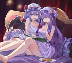 Rule 34 | 2girls, alternate eye color, bare legs, barefoot, bat wings, bed, blue bow, book, bow, commentary, cookie, crescent, crescent hat ornament, eating, falken (yutozin), feet out of frame, food, hair between eyes, hair bow, hat, hat ornament, hat ribbon, highres, holding, holding food, indoors, long hair, mob cap, multiple girls, patchouli knowledge, photoshop (medium), pillow, pointy ears, purple hair, purple headwear, purple shirt, reading, red bow, red eyes, red ribbon, remilia scarlet, revision, ribbon, shirt, short hair, sleeveless, striped clothes, striped shirt, touhou, undershirt, white headwear, white shirt, wings, yellow eyes