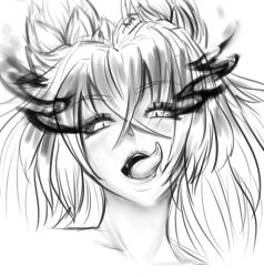 Rule 34 | 1girl, animal ears, archived source, fang, fire, flaming eyes, greyscale, hellhound (monster girl encyclopedia), highres, licking lips, loen, looking at viewer, monochrome, monster girl encyclopedia, monster girl encyclopedia ii, open mouth, portrait, sketch, slit pupils, solo, tongue, tongue out, wolf ears