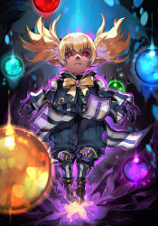 Rule 34 | 1girl, aura, blonde hair, bow, bowtie, dark background, final fantasy, final fantasy xi, floating, glowing, glowing eyes, hungry clicker, looking at viewer, outstretched arms, pink eyes, pointy ears, shantotto, solo, twintails