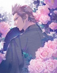 Rule 34 | 1boy, brown hair, falling petals, final fantasy, final fantasy xv, floral background, flower, glasses, grey kimono, hair slicked back, hand fan, hinoe (dd works), holding, holding fan, ignis scientia, japanese clothes, kimono, long sleeves, looking back, male focus, paper fan, parted lips, petals, pink flower, short hair, sideburns, solo