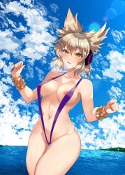 Rule 34 | 1girl, alternate costume, areola slip, arms up, bare shoulders, blonde hair, blue sky, blush, breasts, cloud, cloudy sky, collarbone, commentary request, earmuffs, eyelashes, gold bracelet, hair between eyes, island, kurokan (kokkyou oudan), large breasts, looking at viewer, navel, nipple slip, nipples, ocean, one-piece swimsuit, open mouth, pointy hair, purple one-piece swimsuit, ribs, shiny skin, short hair, sidelocks, sky, slingshot swimsuit, solo, standing, stomach, swimsuit, thighs, touhou, toyosatomimi no miko, water