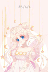 Rule 34 | 1girl, artist name, bare shoulders, bishoujo senshi sailor moon, blonde hair, blue eyes, closed mouth, crescent, crescent facial mark, crescent moon, double bun, dress, facial mark, forehead mark, hair bun, hair ornament, hairclip, highres, light smile, long hair, looking at viewer, moon, parted bangs, pink background, princess serenity, puffy short sleeves, puffy sleeves, sailor moon, see-through, short sleeves, smile, solo, star (symbol), strapless, strapless dress, szzszzz, tsukino usagi, twintails, very long hair, white dress