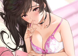 Rule 34 | 1girl, backpack, bag, bare shoulders, bed, bed sheet, black choker, blurry, blurry background, blush, bra, breasts, brown eyes, brown hair, cat choker, cellphone, choker, cleavage, close-up, commentary request, curtains, finger to mouth, hair ornament, hairclip, holding, holding phone, index finger raised, indoors, lingerie, lips, long hair, looking at viewer, lying, medium breasts, nude, on bed, on side, open mouth, parted lips, phone, pink bag, pink bra, pink ribbon, pov across bed, ribbon, ribbon bra, smartphone, solo, teeth, toranoana, two-tone bra, umakuchi shouyu, underwear, white bra, window