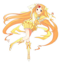 Rule 34 | 10s, 1girl, arms up, boots, bow, brooch, bubble skirt, choker, circlet, cure muse, cure muse (yellow), dress, frills, full body, heart, jewelry, knee boots, long hair, lying, magical girl, maro nie, orange hair, precure, red eyes, shirabe ako, skirt, solo, suite precure, white background, yellow bow, yellow dress, yellow skirt