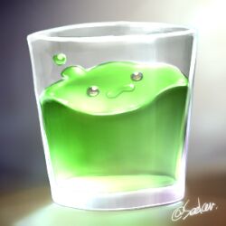 Rule 34 | :3, commentary request, cup, drinking glass, full body, glass, in container, in cup, lowres, no humans, poporing, ragnarok online, rouko605, signature, slime (creature), solo