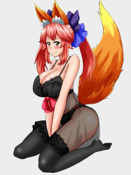Rule 34 | 10s, 1girl, animal ears, asortofcolorfag, bare shoulders, black bra, black panties, black thighhighs, blush, bow, bra, breasts, cleavage, curvy, fate/extra, fate (series), fox ears, fox tail, grey background, hair bow, hair ribbon, huge breasts, looking at viewer, panties, pink hair, ribbon, simple background, sitting, solo, tail, tamamo (fate), tamamo no mae (fate/extra), thighhighs, twintails, underwear, underwear only, wariza, yellow eyes