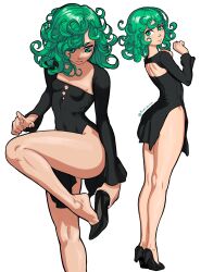 Rule 34 | 1girl, absurdres, curly hair, green eyes, green hair, highres, legs, one-punch man, removing shoes, short hair, standing, tatsumaki, thighs, white background