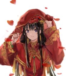 Rule 34 | 1girl, black hair, china dress, chinese clothes, closed mouth, dress, earrings, flower, girls&#039; frontline, hair flower, hair ornament, highres, hood lift, jewelry, long hair, looking at viewer, official alternate costume, petals, purple eyes, qiujiao, solo, type 81 carbine (girls&#039; frontline), type 81 carbine (peony companion) (girls&#039; frontline), white background