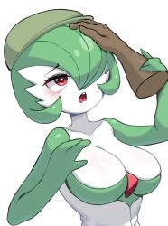Rule 34 | 1girl, arm up, bags under eyes, blush, bob cut, breasts, cabbie hat, cleavage, clothed pokemon, collarbone, colored skin, creatures (company), disembodied hand, drooling, female focus, game freak, gardevoir, gen 3 pokemon, green hair, green headwear, green skin, hair over one eye, half-closed eyes, hand on another&#039;s arm, hand up, hat, heart, heart-shaped pupils, highres, ilgirul, large breasts, looking up, mouth drool, multicolored skin, nintendo, one eye covered, open mouth, pokemon, pokemon (creature), raised eyebrows, red eyes, short hair, simple background, solo focus, standing, symbol-shaped pupils, teeth, tongue, two-tone skin, upper body, white background, white skin