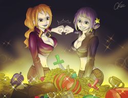 Rule 34 | 2girls, breasts, carina (one piece), cleavage, large breasts, long hair, multiple girls, nami (one piece), one piece, one piece film: gold, orange hair, smile