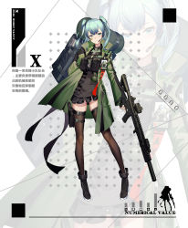 Rule 34 | 1girl, absurdres, ankle boots, aqua hair, assault rifle, backpack, bag, bandaid, boots, buckle, commentary request, earpiece, explosive, fingerless gloves, full body, fysc, gloves, green eyes, green jacket, grenade, gun, high heels, highres, holster, id card, jacket, looking at viewer, medium hair, original, pouch, rifle, science fiction, skirt, smile, snap-fit buckle, solo, suppressor, thigh holster, thighhighs, translation request, trigger discipline, twintails, weapon