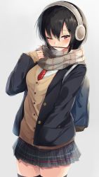Rule 34 | 1girl, black hair, black thighhighs, blazer, blush, cardigan, commentary request, earmuffs, food, grey background, igayan, jacket, miniskirt, mouth hold, one eye closed, open clothes, open jacket, original, plaid, plaid skirt, pocky, pocky day, purple eyes, revision, scarf, school uniform, short hair, sidelocks, simple background, skirt, sleeves past wrists, solo, striped clothes, striped scarf, thighhighs, tsurime, zettai ryouiki