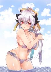 Rule 34 | 1girl, bare shoulders, bikini, blush, bow, breasts, cleavage, cloud, collarbone, fate/grand order, fate (series), frilled bikini, frills, hair between eyes, hair bow, horns, kiyohime (fate), kiyohime (fate/grand order), kiyohime (swimsuit lancer) (fate), kiyohime (swimsuit lancer) (third ascension) (fate), large breasts, long hair, looking at viewer, looking to the side, mamemix, navel, ocean, open mouth, outdoors, partially submerged, ponytail, sky, solo, swimsuit, very long hair, wading, wet, wet hair