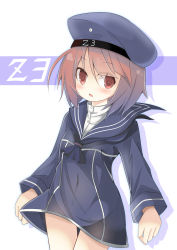 Rule 34 | 1girl, black dress, black hat, black sailor collar, blush, brown hair, buttons, clothes writing, cowboy shot, dress, hat, highres, kantai collection, long sleeves, open mouth, red eyes, rurisakura, sailor collar, sailor dress, sailor hat, short hair, solo, white background, z3 max schultz (kancolle)