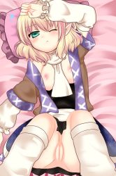 Rule 34 | 1girl, bad id, bad pixiv id, bed sheet, blonde hair, blush, female focus, flat chest, green eyes, haruta (806060), lying, mizuhashi parsee, nipples, no panties, on back, one eye closed, open clothes, pillow, pointy ears, pussy, solo, touhou, wince, wink