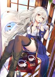 Rule 34 | 1girl, boots, breasts, cleavage, coffee cup, cup, disposable cup, fal maro, female focus, gloves, highres, long hair, looking at viewer, ninym ralei, official art, open clothes, open shirt, skirt, small breasts, solo, spoon, sugar cube, tensai ouji no akaji kokka saiseijutsu, thighs, white hair