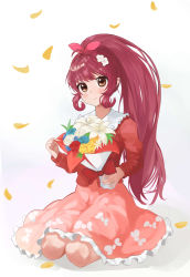Rule 34 | 1girl, absurdres, blue flower, blue rose, bouquet, bow, brown hair, closed mouth, commentary, falling petals, female focus, flower, full body, hair bow, hair flower, hair ornament, highres, holding, holding bouquet, keibi inu, long hair, long sleeves, looking at viewer, petals, pink bow, pink skirt, ponytail, red flower, red hair, red rose, red shirt, rose, seiza, shirt, sitting, skirt, smile, solo, sugiura ayano, white flower, yellow flower, yuru yuri