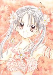 Rule 34 | 00s, 1girl, :d, arina tanemura, arm garter, brown eyes, crop top, daisy, floral print, flower, full moon wo sagashite, hair flower, hair ornament, highres, kouyama mitsuki, lace, long hair, looking at viewer, official art, open mouth, ribbon, silver hair, smile, solo, tanemura arina, traditional media, twintails, upper body