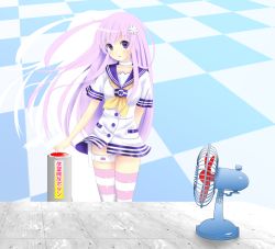 Rule 34 | 10s, 1girl, :d, arm behind back, blush, choker, choujigen game neptune mk2, collarbone, d-pad, electric fan, female focus, hair ornament, hand fan, long hair, looking at viewer, nepgear, neptune (series), ohjin, open mouth, purple eyes, purple hair, smile, solo, striped clothes, striped thighhighs, thigh strap, thighhighs, very long hair