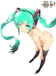 Rule 34 | 1girl, artist name, boots, copyright name, green hair, hatsune miku, headset, highres, kowiru, leaning forward, long hair, nude, simple background, solo, tattoo, thigh boots, thighhighs, twintails, very long hair, vocaloid, white background