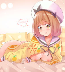 Rule 34 | 1girl, ass, blush, bottomless, breasts, breasts out, brown eyes, brown hair, closed mouth, collarbone, hat, indoors, japanese clothes, large breasts, looking at viewer, lying, maehara nina, mitumi mira, nipples, no bra, no panties, ochikobore fruit tart, on stomach, shiny skin, short hair, smile, solo