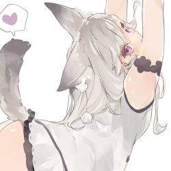 Rule 34 | 1girl, nanashi inc., animal ear fluff, animal ears, animare, arm strap, arms up, ass, blush, braid, cowboy shot, dress, fox ears, fox tail, frilled skirt, frills, from behind, heart, highres, jacket, long hair, looking at viewer, looking back, open mouth, pom pom (clothes), purple eyes, rippootai, scarf, shiromiya mimi, silver hair, simple background, skirt, sleeveless, solo, spoken heart, tail, thigh strap, virtual youtuber, white background, white dress, white jacket